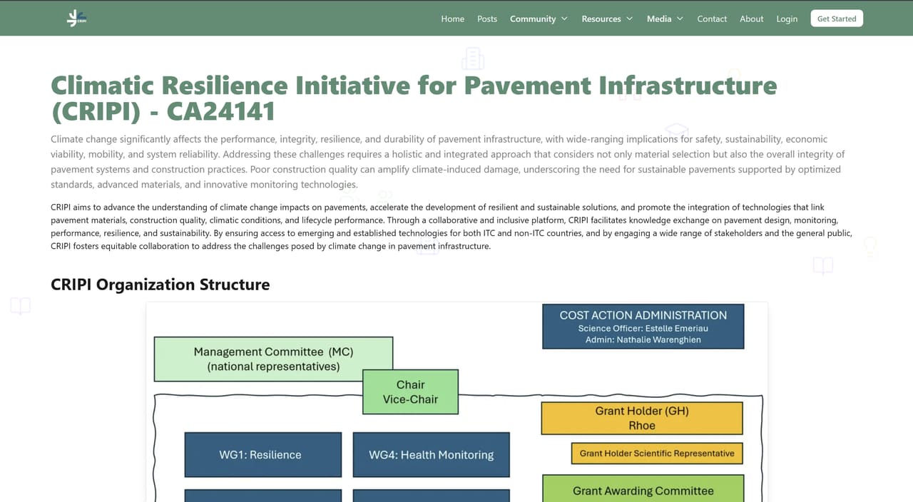 Screenshot of the live CRIPI website, including the organisation structure.